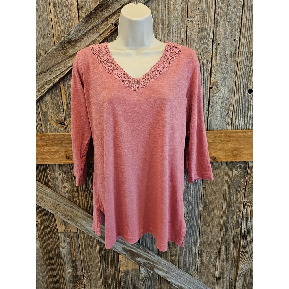 J jill M PETITE PM popover lace accent blouse career casual pink EUC